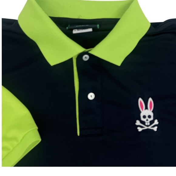 Psycho Bunny Polo Shirt Mens 2XL Navy Neon Green Colorblock Golf Skull Logo - Picture 3 of 16